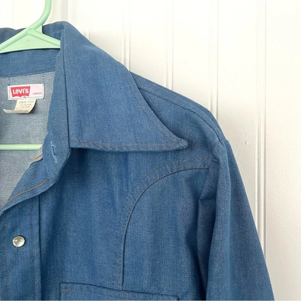 Vintage 60s 70s Levi’s Orange Tab Western Pearl Snap Denim Shirt Size Large Blue